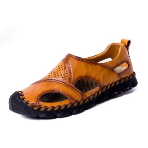 Men Breathable Genuine Leather Sandals Casual Beach Flats Shoes