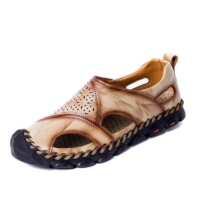 Men Breathable Genuine Leather Sandals Casual Beach Flats Shoes