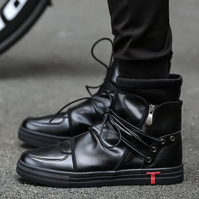 Men Leather White Black  High  Ankle Work Dress Male Low Heel Oxfords Boots autumn boots Men shoes 2019