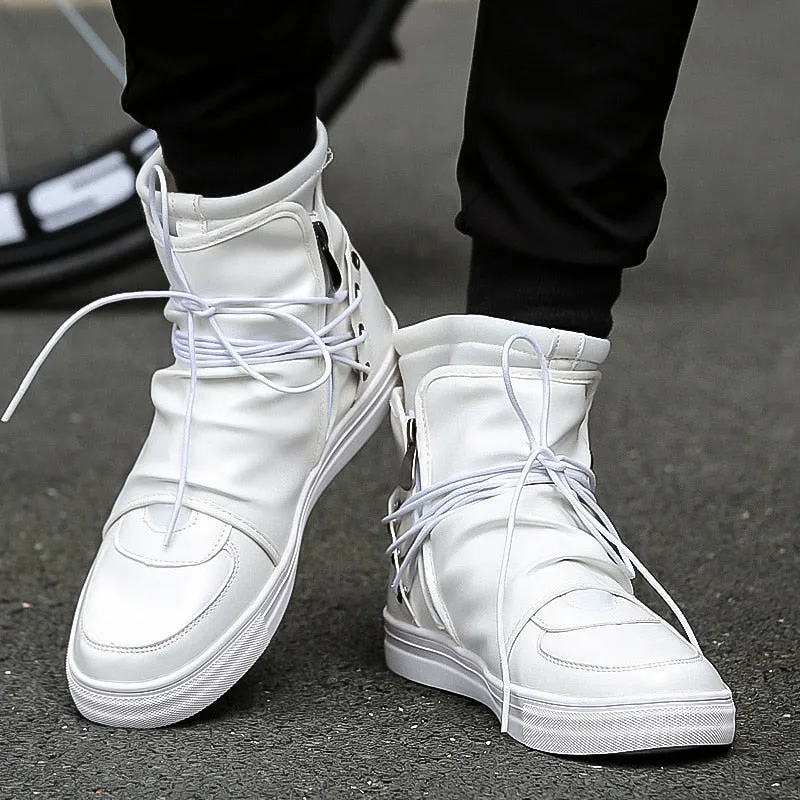 Men Leather White Black  High  Ankle Work Dress Male Low Heel Oxfords Boots autumn boots Men shoes 2019