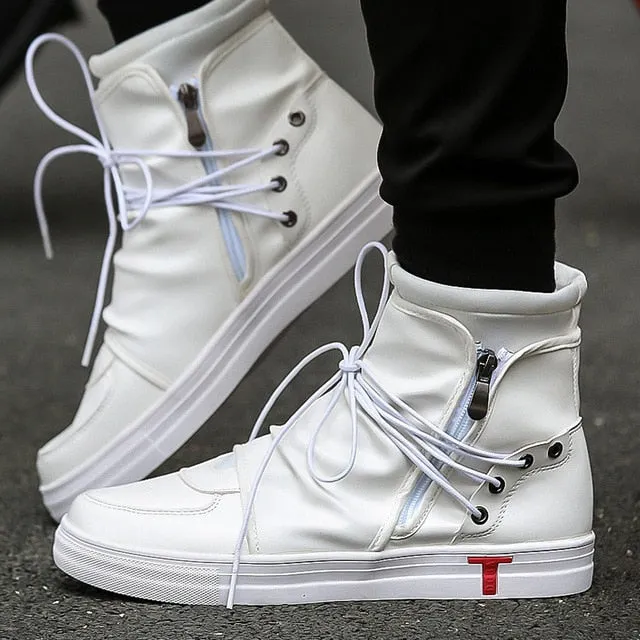 Men Leather White Black  High  Ankle Work Dress Male Low Heel Oxfords Boots autumn boots Men shoes 2019