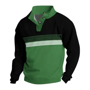 Men's Button Green Stripes Printed Casual Long Sleeve Sweatshirt 2410002470