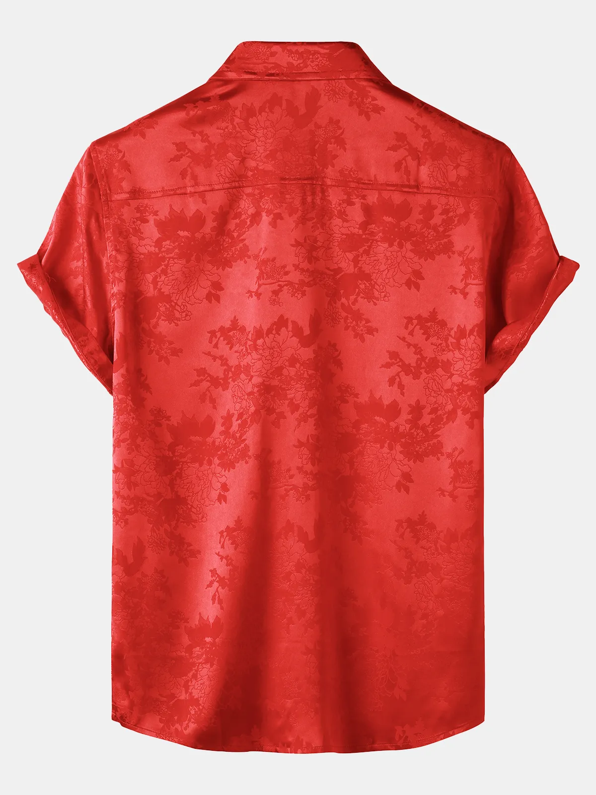Men's Casual Jacquard Silk Satin Floral Pocket Short Sleeve Shirt