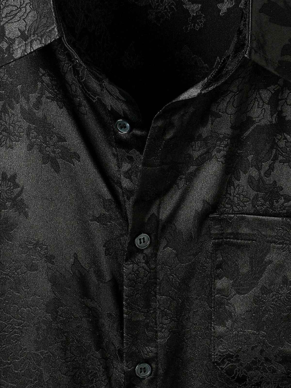 Men's Casual Jacquard Silk Satin Floral Pocket Short Sleeve Shirt