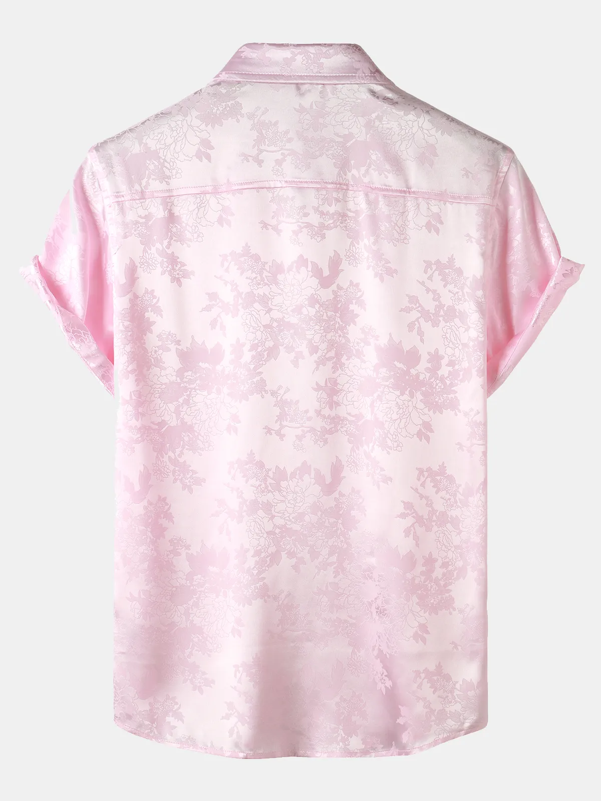 Men's Casual Jacquard Silk Satin Floral Pocket Short Sleeve Shirt