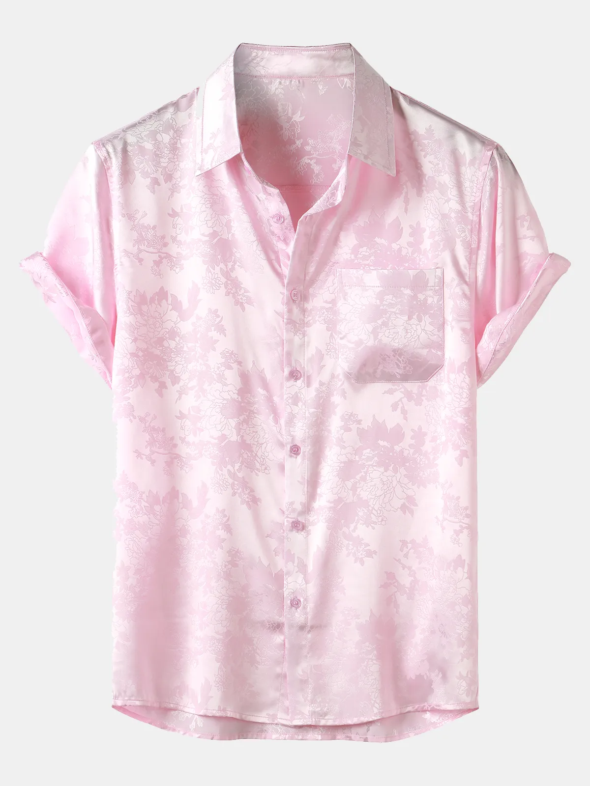 Men's Casual Jacquard Silk Satin Floral Pocket Short Sleeve Shirt