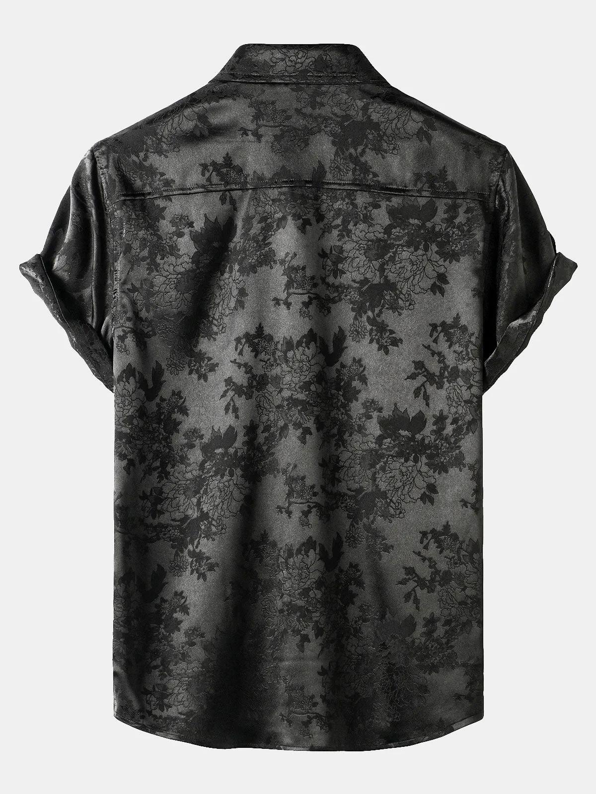 Men's Casual Jacquard Silk Satin Floral Pocket Short Sleeve Shirt
