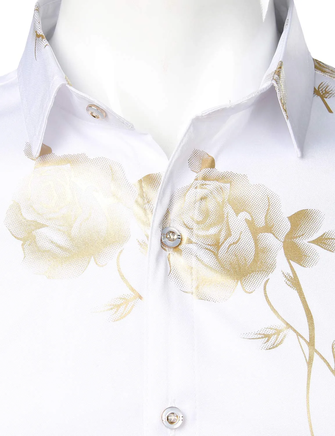 Men's Casual Yellow Rose Floral Print Button Up Long Sleeve Dress Shirt