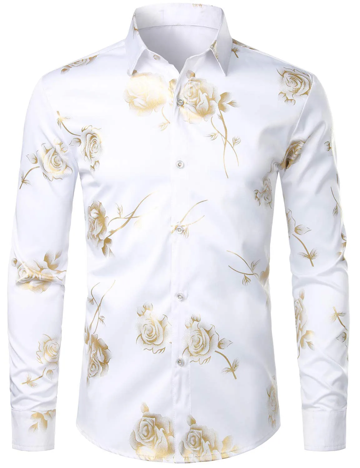 Men's Casual Yellow Rose Floral Print Button Up Long Sleeve Dress Shirt