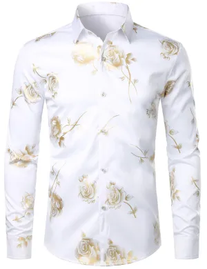Men's Casual Yellow Rose Floral Print Button Up Long Sleeve Dress Shirt