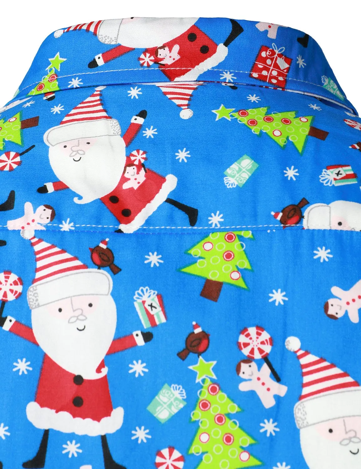 Men's Christmas Print Regular Fit Blue Long Sleeve Santa Dress Shirt