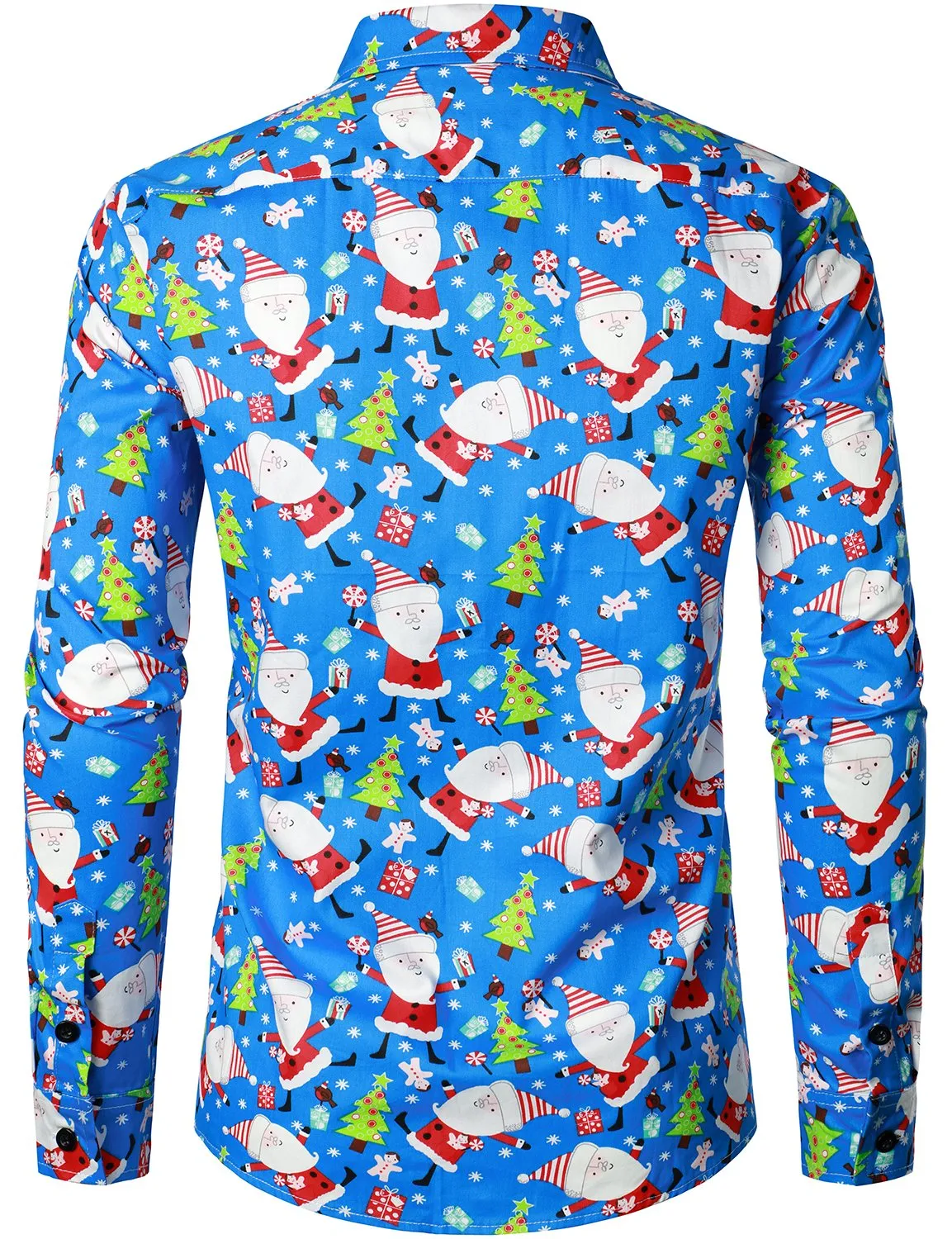Men's Christmas Print Regular Fit Blue Long Sleeve Santa Dress Shirt
