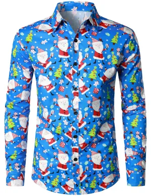Men's Christmas Print Regular Fit Blue Long Sleeve Santa Dress Shirt