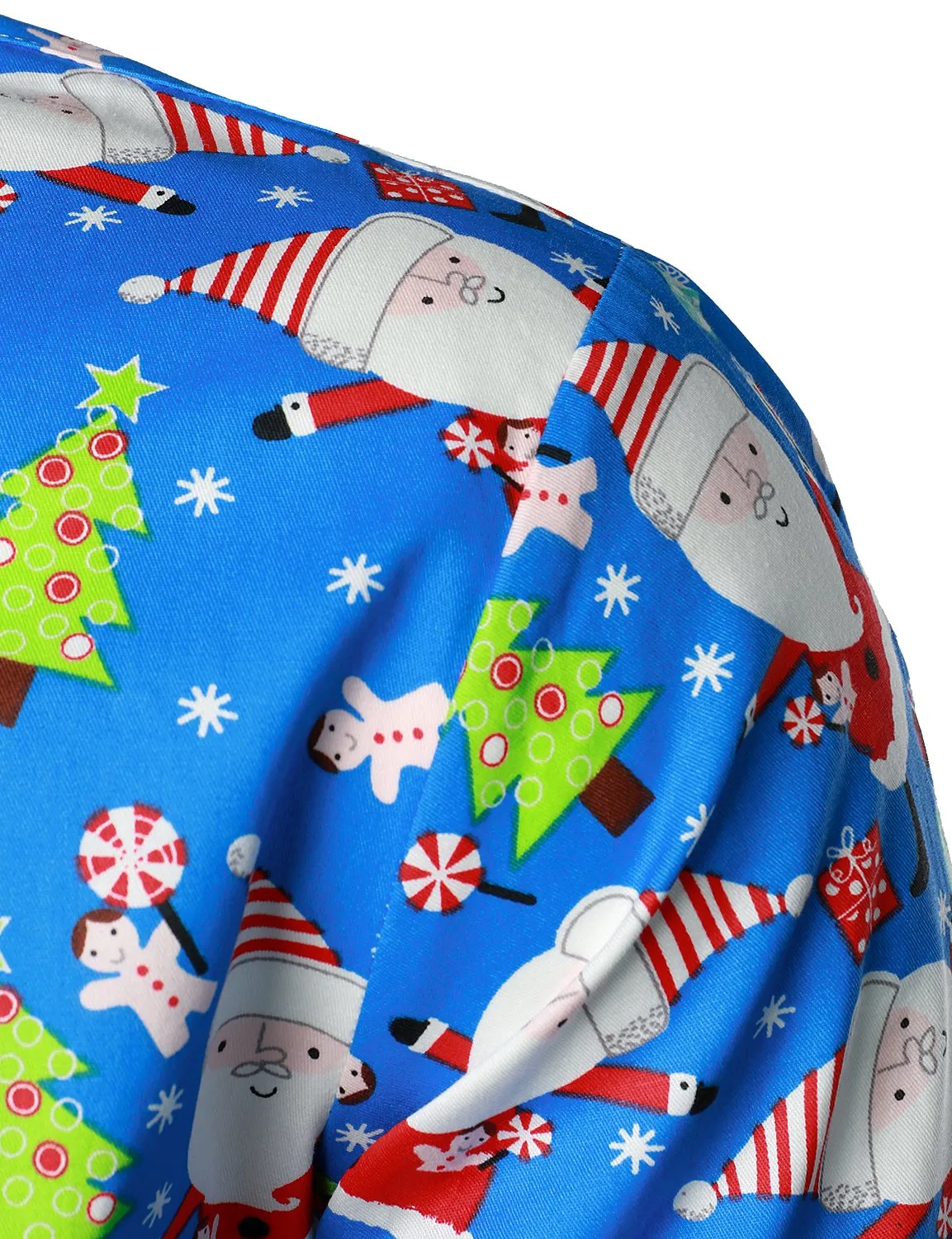 Men's Christmas Print Regular Fit Blue Long Sleeve Santa Dress Shirt