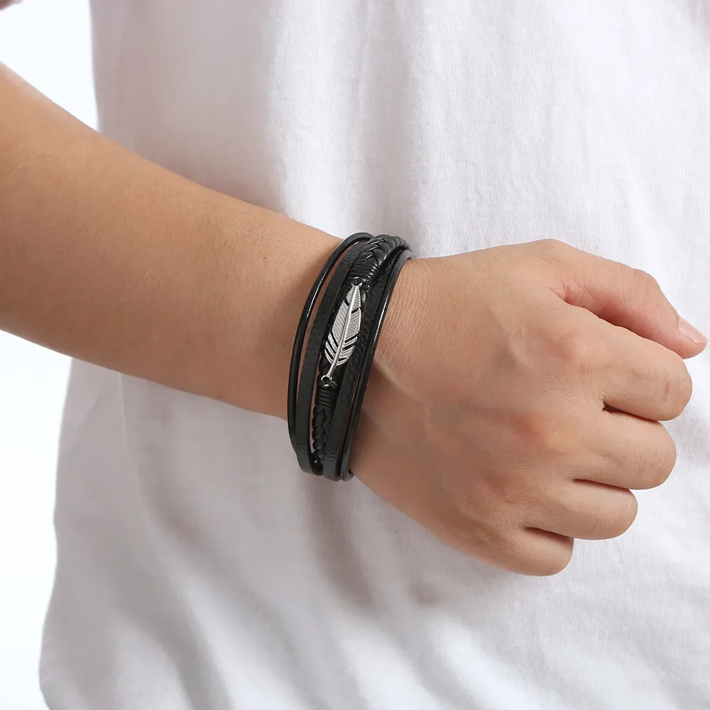 Men’s Classic Multilayer Black Braided Leather Bracelet – Handwoven Wristband with Metal Magnetic Closure