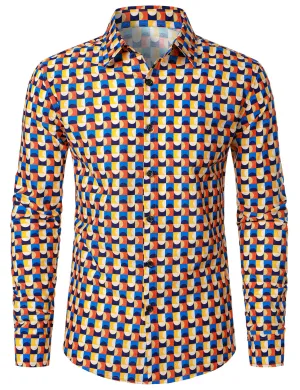 Men's Cotton Geometric Button Up Casual Long Sleeve Shirt