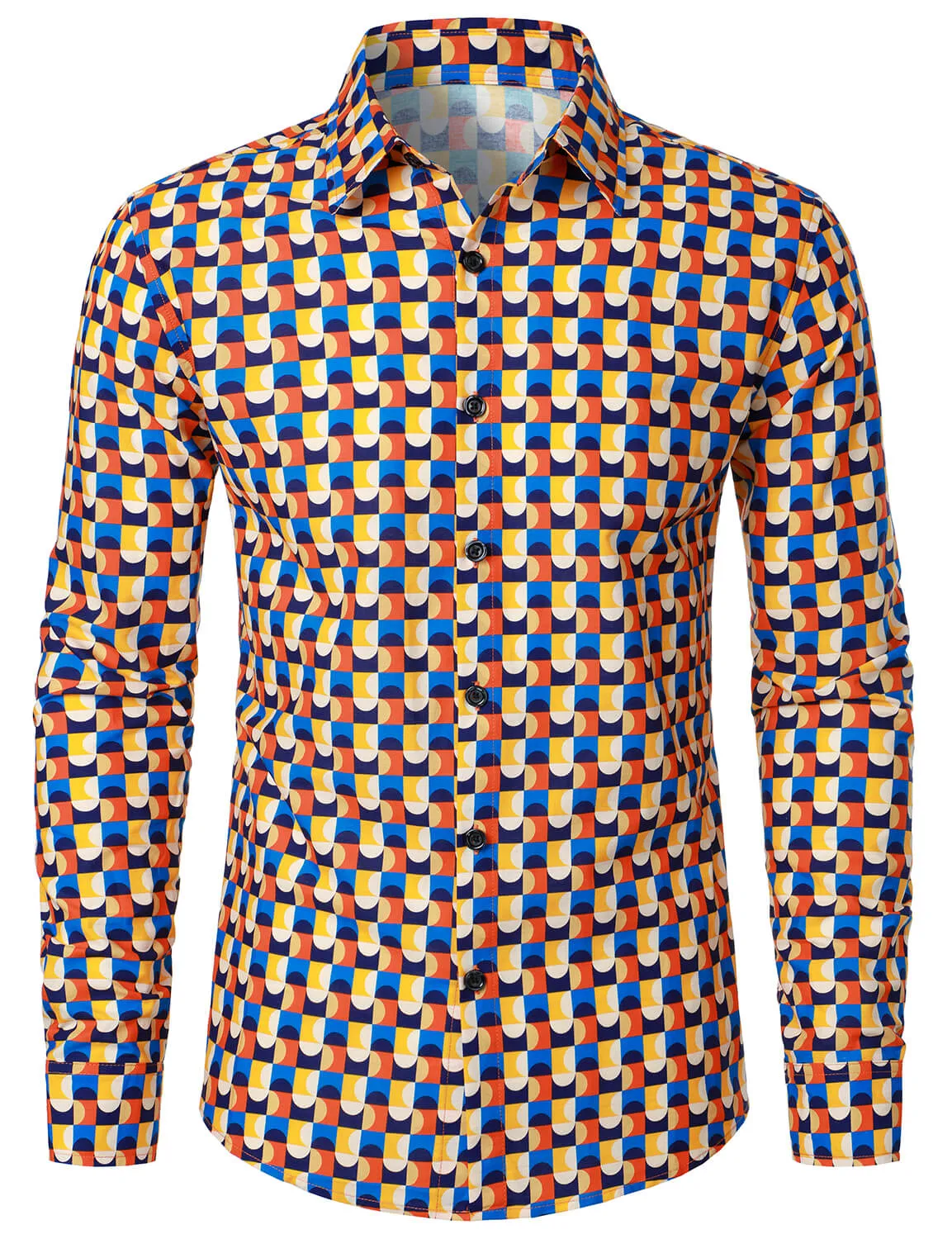 Men's Cotton Geometric Button Up Casual Long Sleeve Shirt
