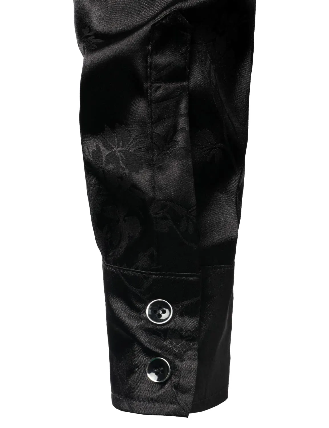 Men's Floral Jacquard Shiny Satin Black Long Sleeve Button Up Dress Shirt
