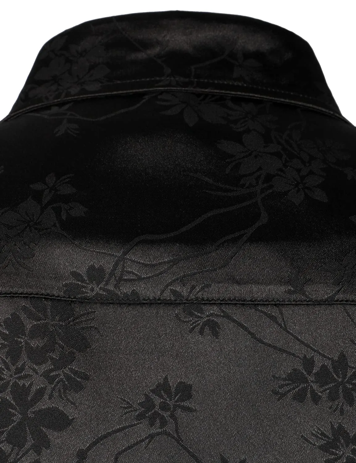 Men's Floral Jacquard Shiny Satin Black Long Sleeve Button Up Dress Shirt