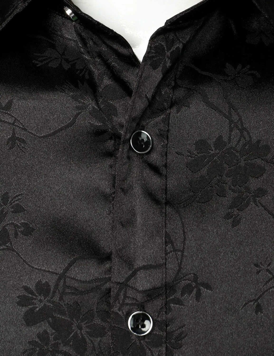Men's Floral Jacquard Shiny Satin Black Long Sleeve Button Up Dress Shirt