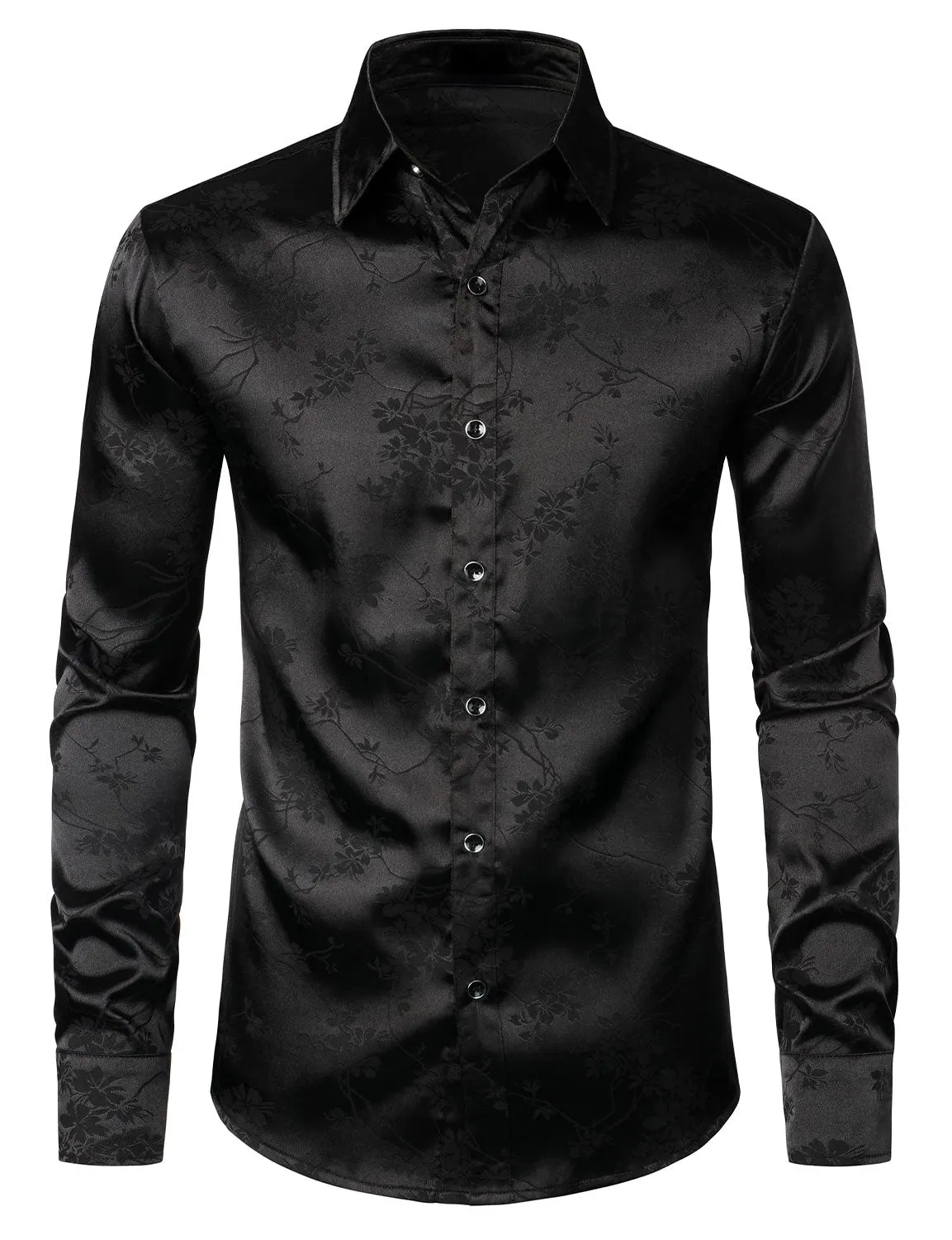 Men's Floral Jacquard Shiny Satin Black Long Sleeve Button Up Dress Shirt