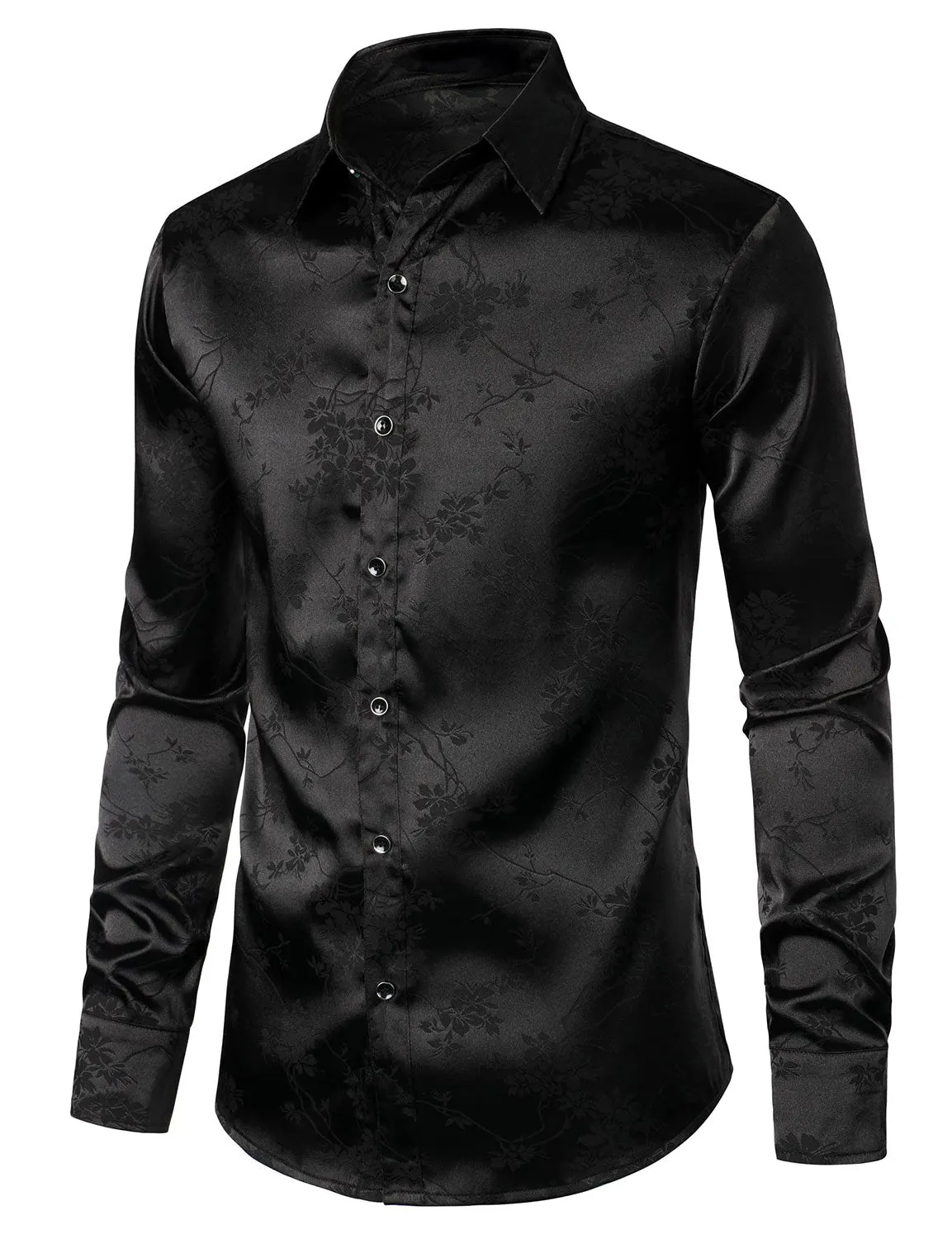 Men's Floral Jacquard Shiny Satin Black Long Sleeve Button Up Dress Shirt