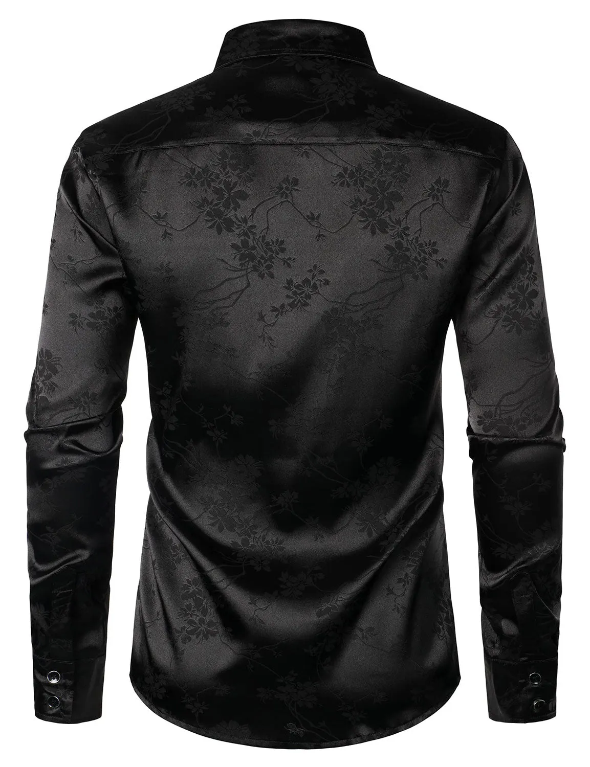 Men's Floral Jacquard Shiny Satin Black Long Sleeve Button Up Dress Shirt
