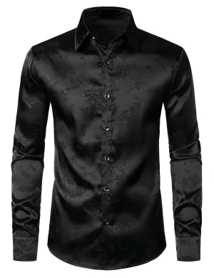 Men's Floral Jacquard Shiny Satin Black Long Sleeve Button Up Dress Shirt