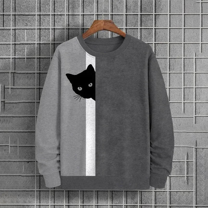 Men's Fun Hide And Seek Black Cat Print Casual Sweatshirt 2409011343