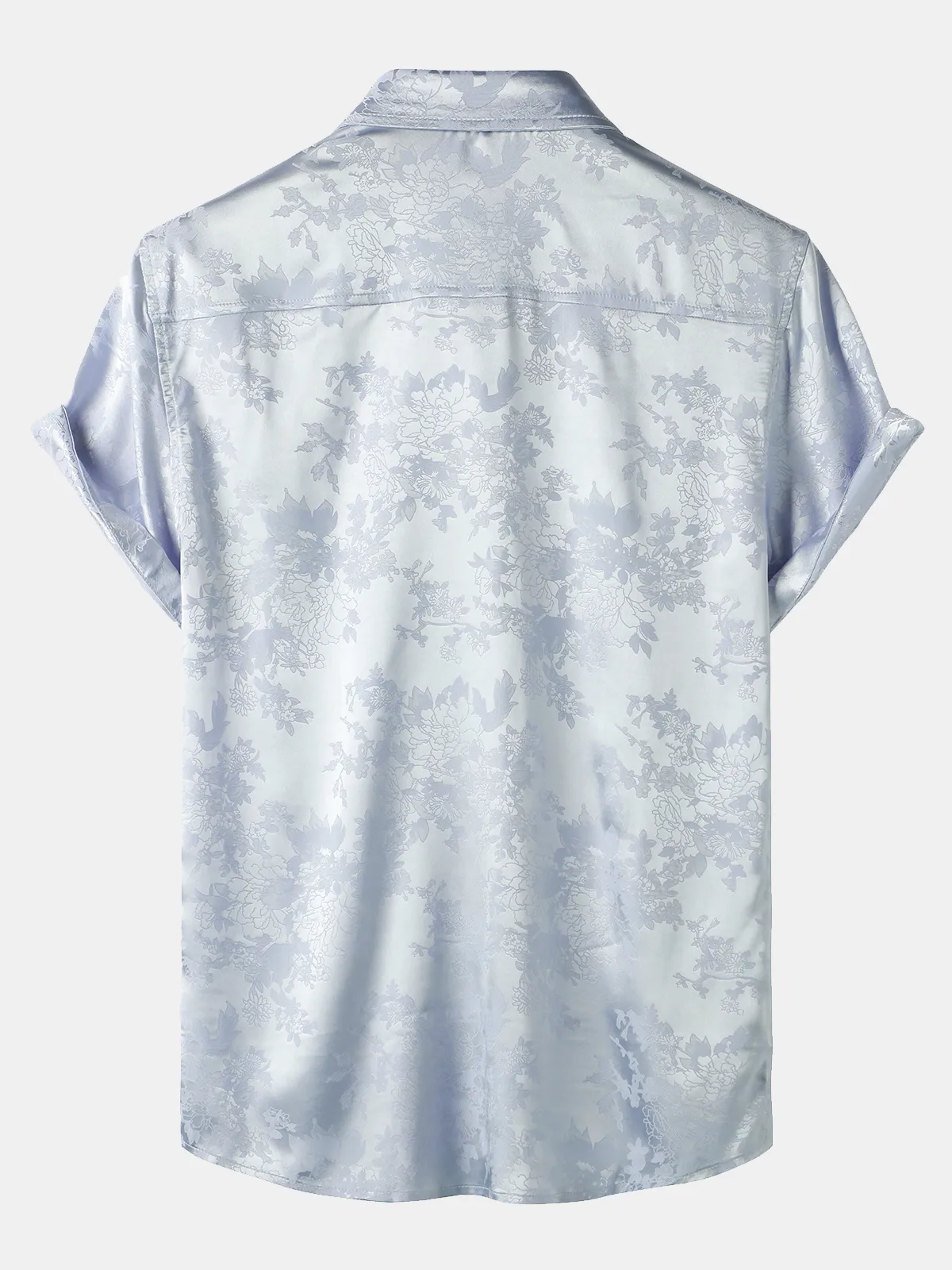 Men's Jacquard Pocket Silk Satin Floral Short Sleeve Shirt