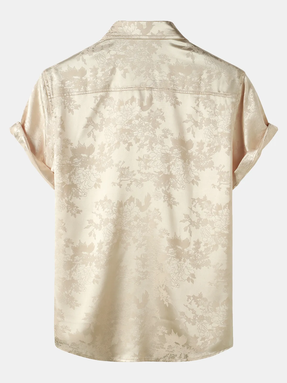Men's Jacquard Pocket Silk Satin Floral Short Sleeve Shirt
