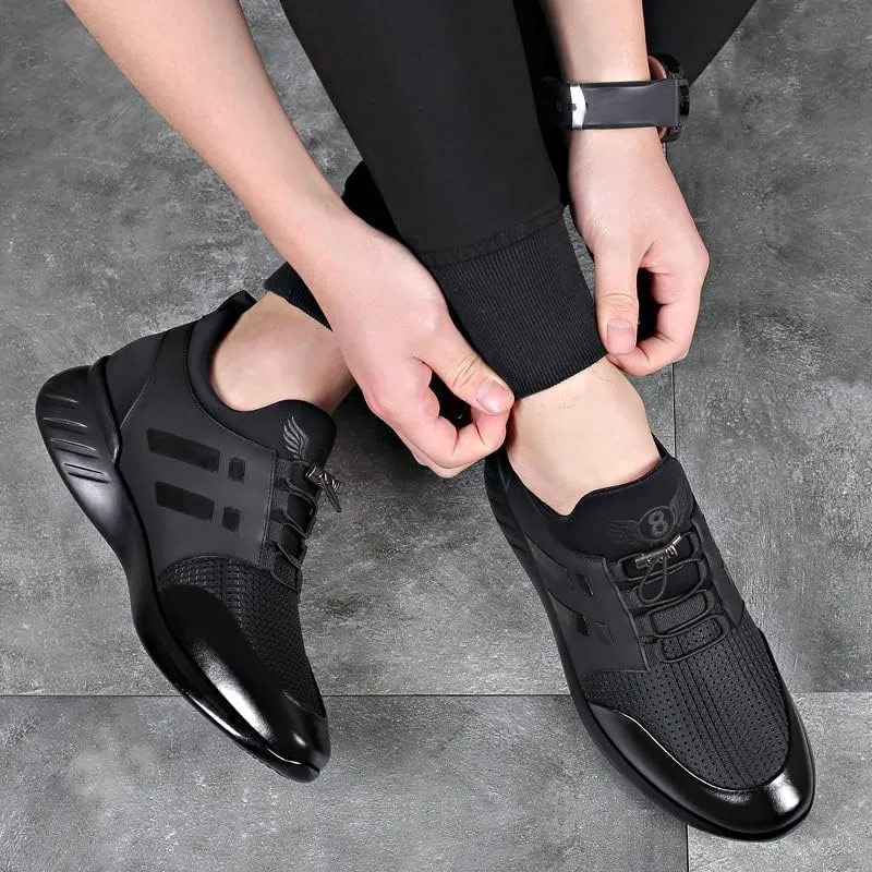Men's Leather Dress Sneaker Breathable Knitted Slip-On Fashion Sneakers Comfortable Casual Walking Running Athletic Trainers
