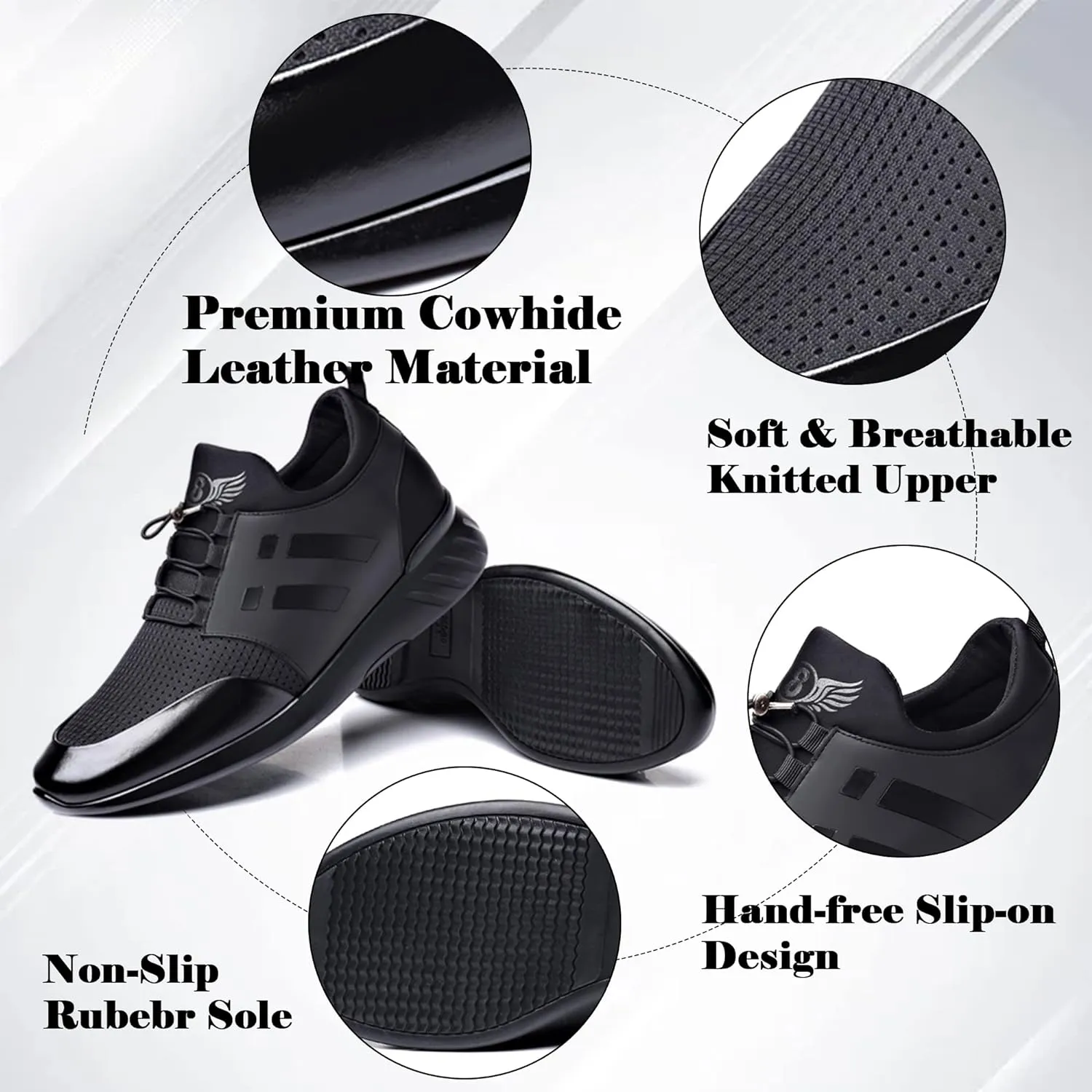 Men's Leather Dress Sneaker Breathable Knitted Slip-On Fashion Sneakers Comfortable Casual Walking Running Athletic Trainers