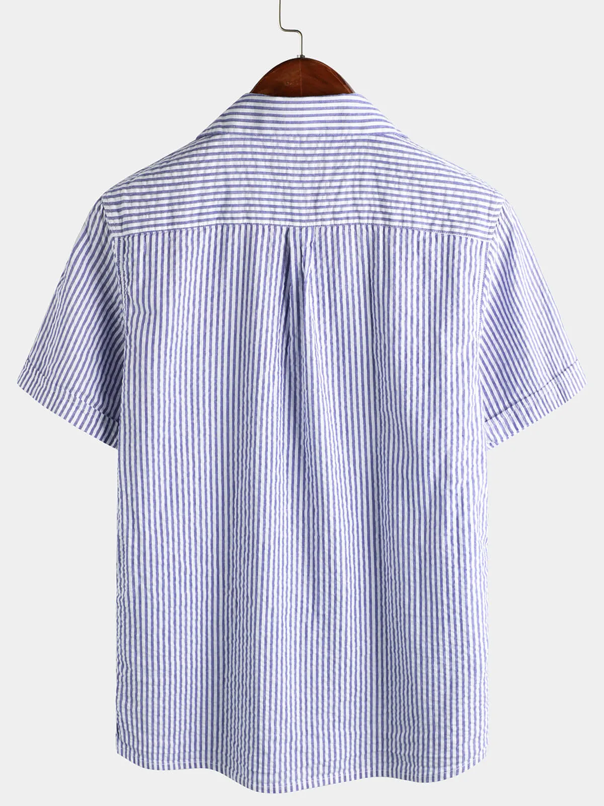 Men's Striped Cotton Blue Summer Button Up Cuban Collar Camp Short Sleeve Beach Shirt