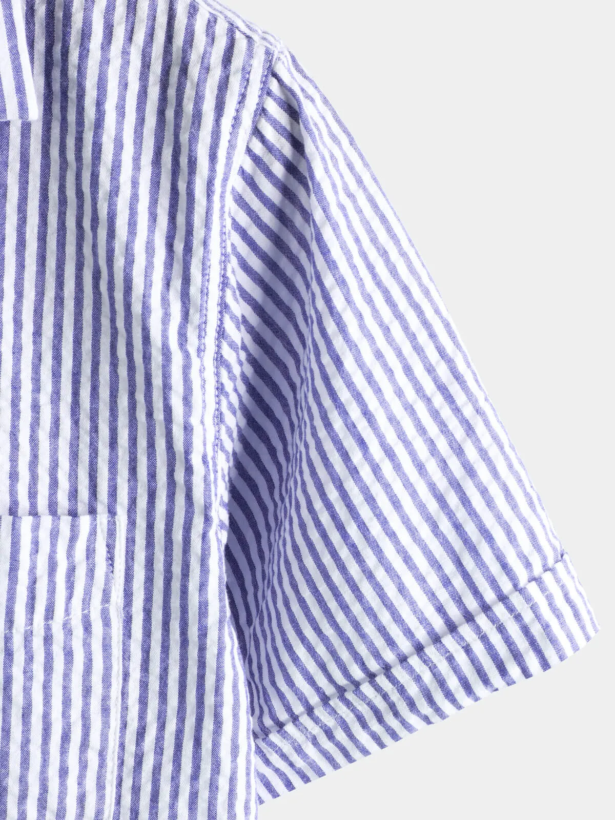 Men's Striped Cotton Blue Summer Button Up Cuban Collar Camp Short Sleeve Beach Shirt