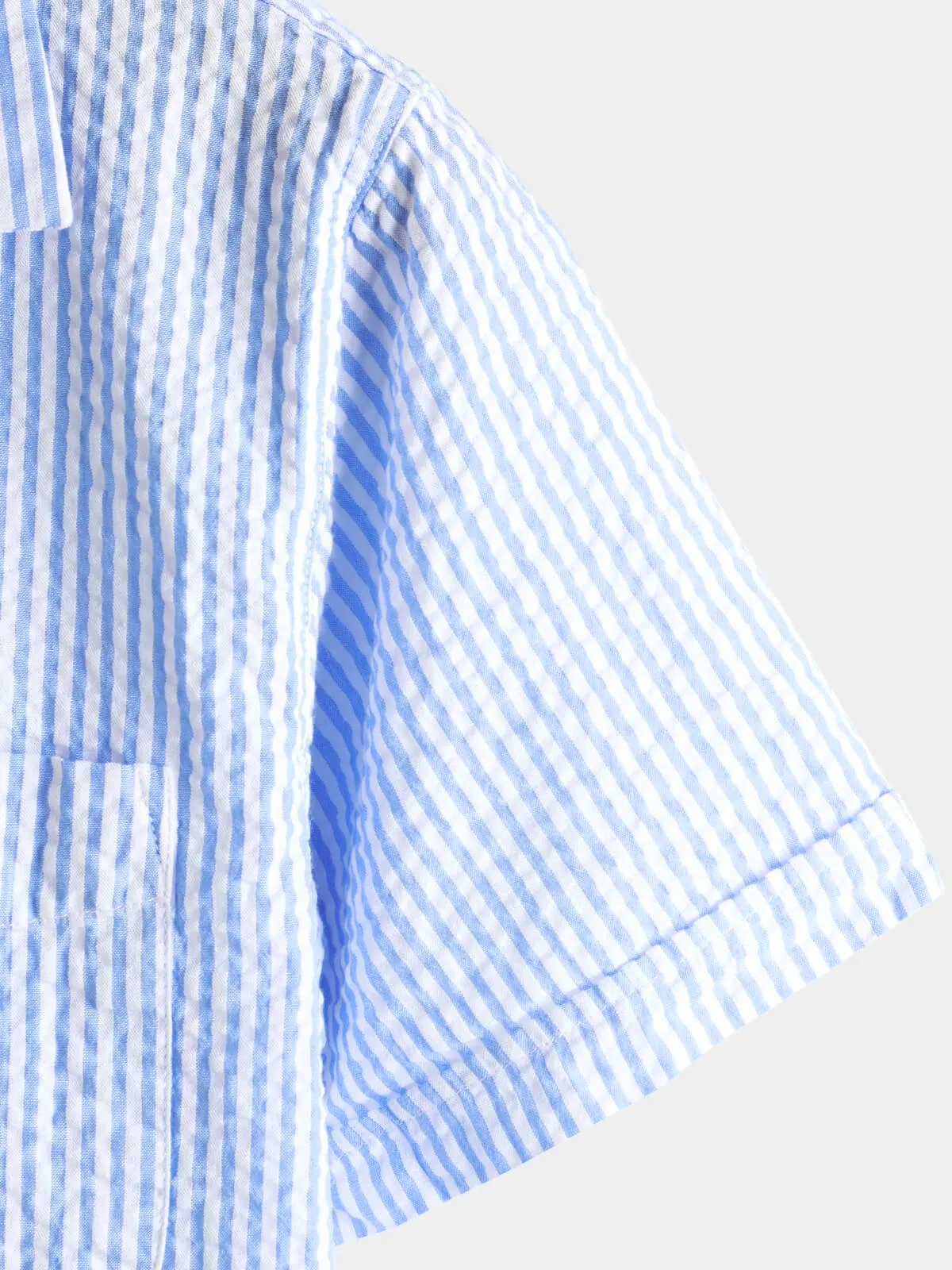 Men's Striped Cotton Blue Summer Button Up Cuban Collar Camp Short Sleeve Beach Shirt