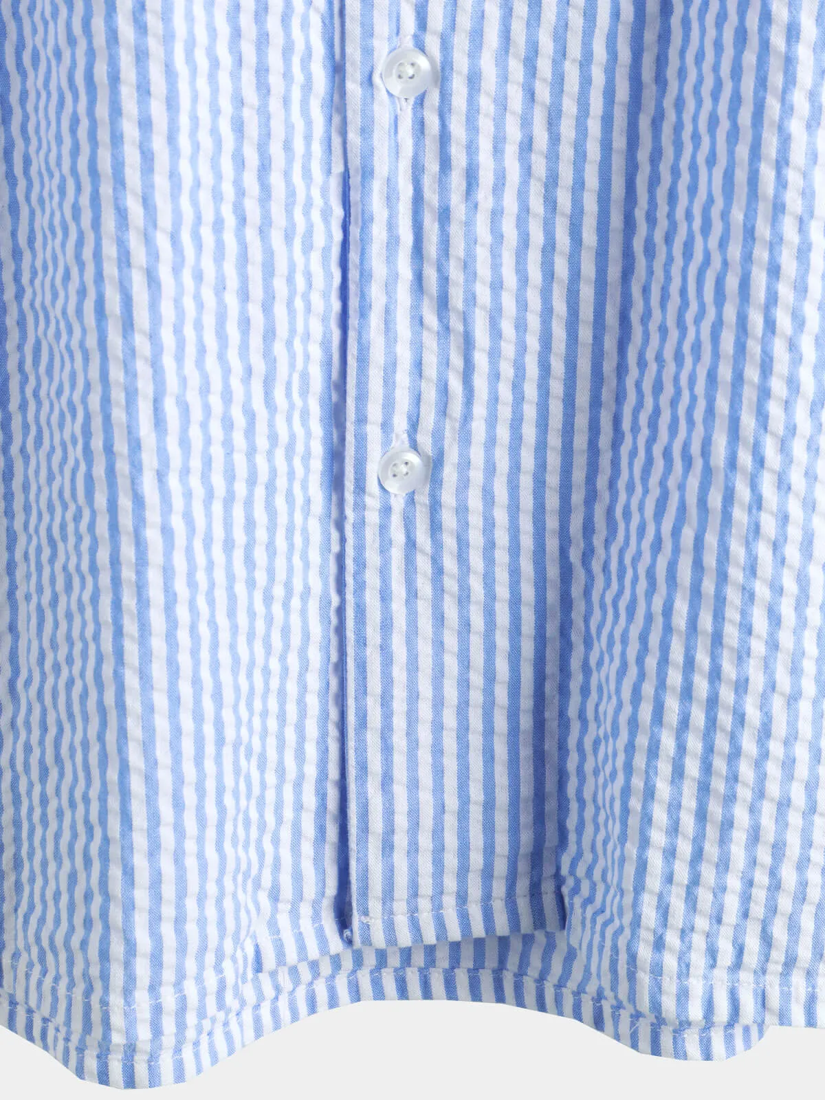 Men's Striped Cotton Blue Summer Button Up Cuban Collar Camp Short Sleeve Beach Shirt