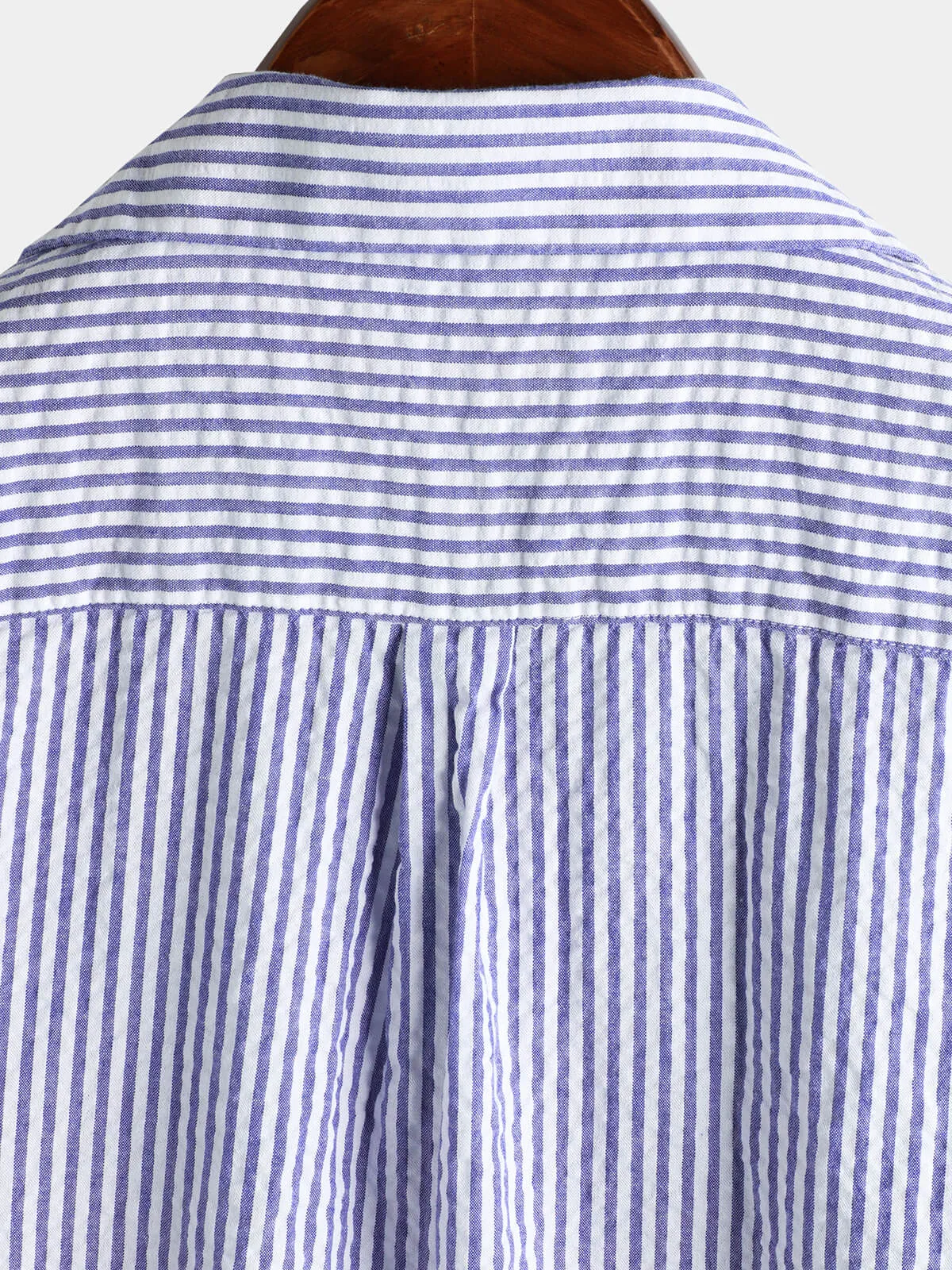 Men's Striped Cotton Blue Summer Button Up Cuban Collar Camp Short Sleeve Beach Shirt