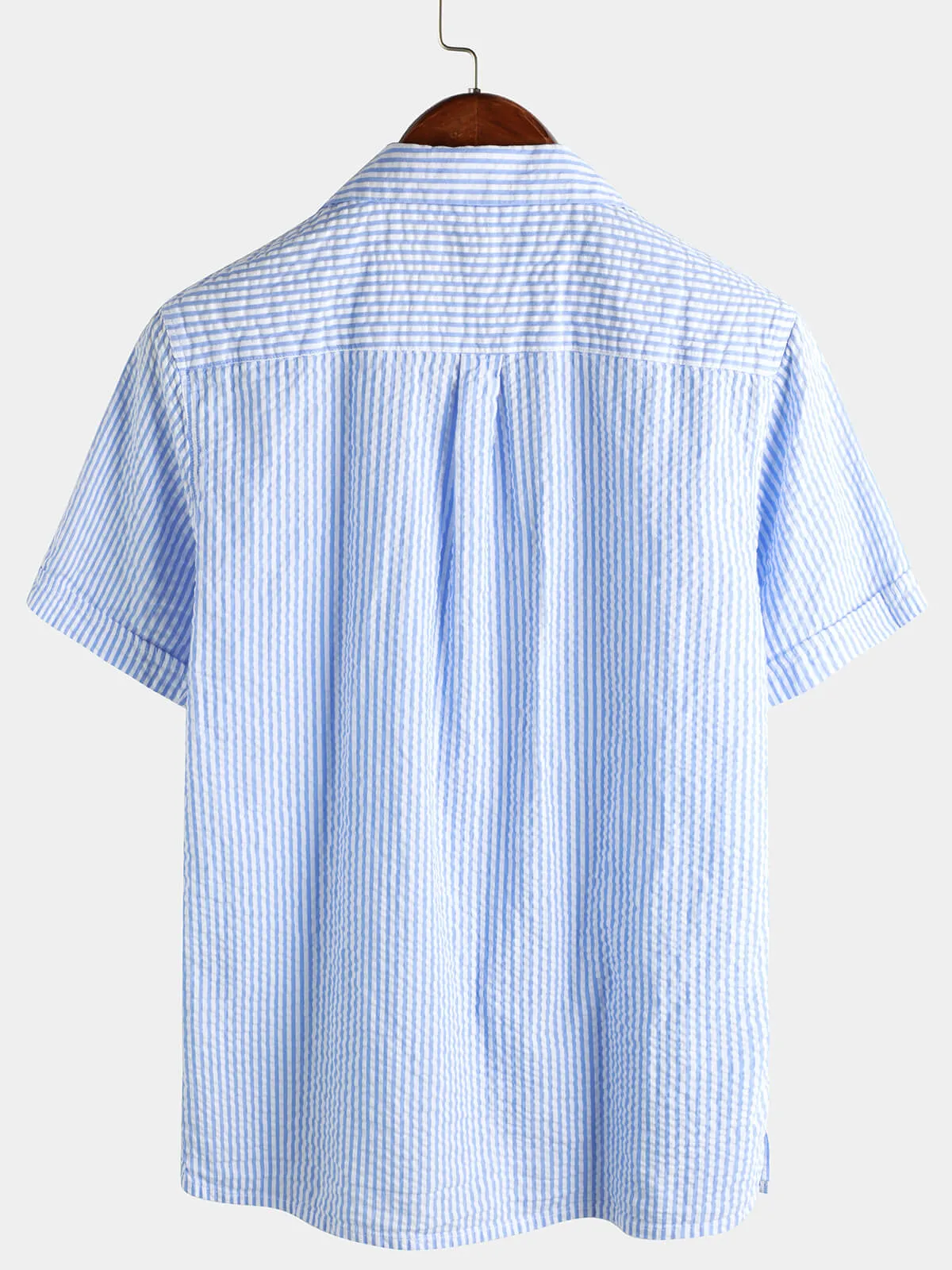 Men's Striped Cotton Blue Summer Button Up Cuban Collar Camp Short Sleeve Beach Shirt
