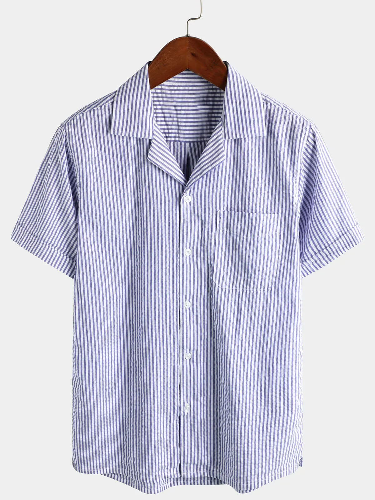 Men's Striped Cotton Blue Summer Button Up Cuban Collar Camp Short Sleeve Beach Shirt