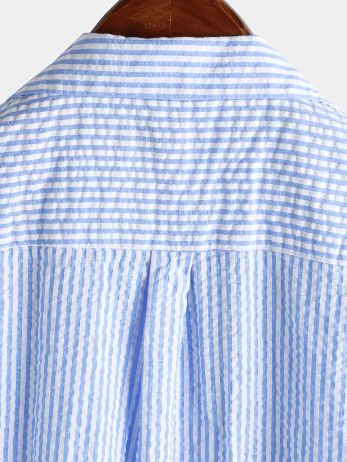 Men's Striped Cotton Blue Summer Button Up Cuban Collar Camp Short Sleeve Beach Shirt