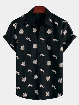 Men's Tiger Animal Print Button Up Casual Black Short Sleeve Lapel Shirt