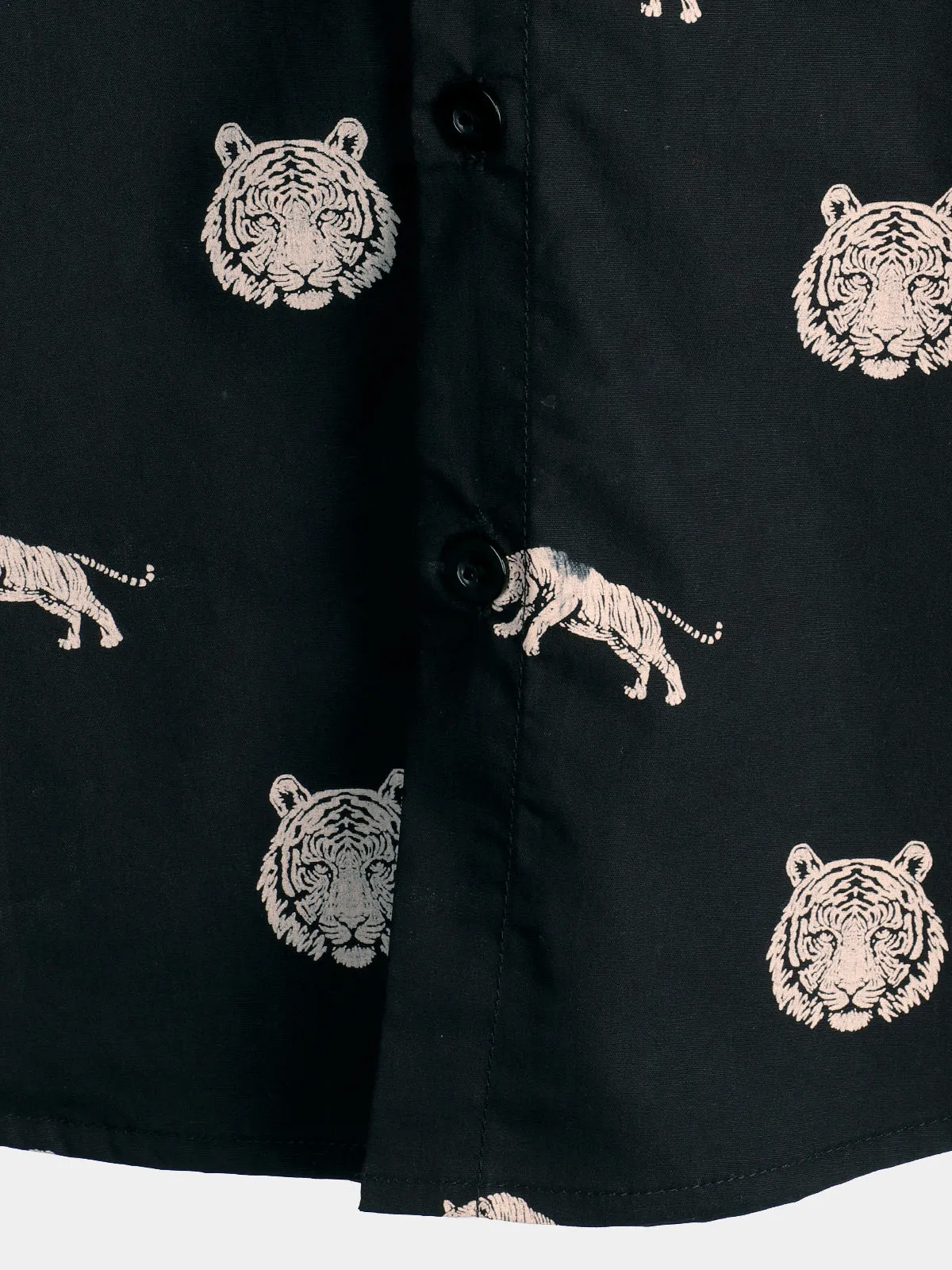 Men's Tiger Animal Print Button Up Casual Black Short Sleeve Lapel Shirt