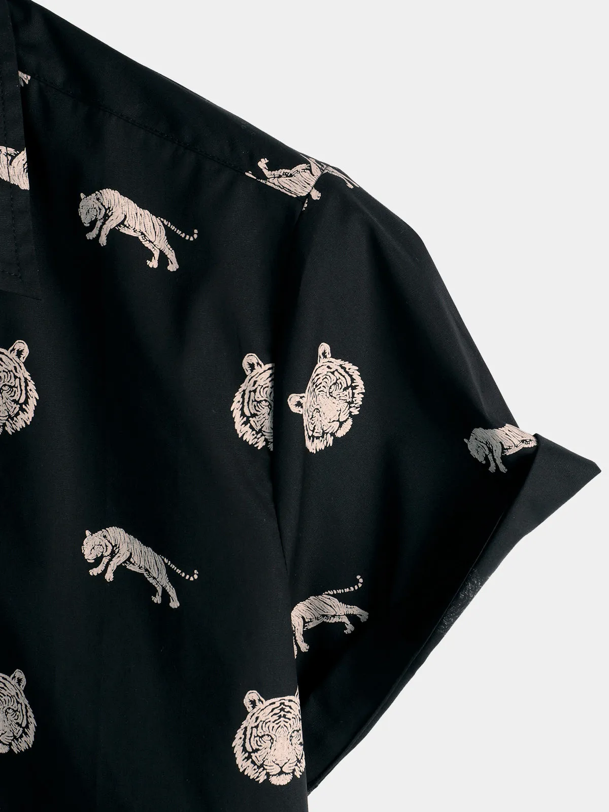 Men's Tiger Animal Print Button Up Casual Black Short Sleeve Lapel Shirt