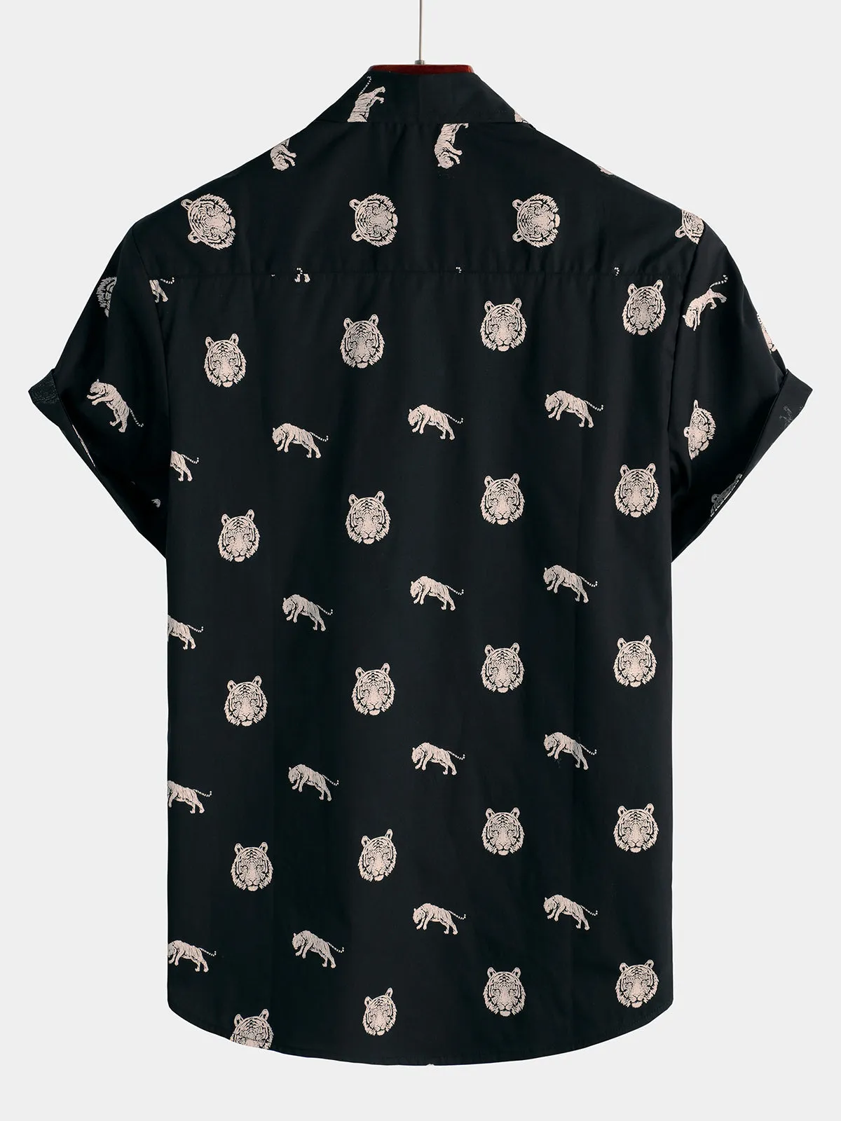 Men's Tiger Animal Print Button Up Casual Black Short Sleeve Lapel Shirt