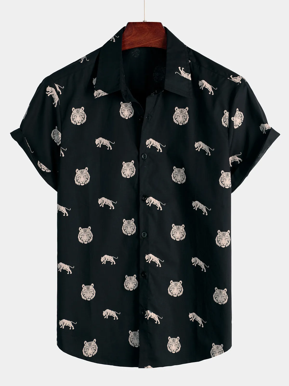 Men's Tiger Animal Print Button Up Casual Black Short Sleeve Lapel Shirt