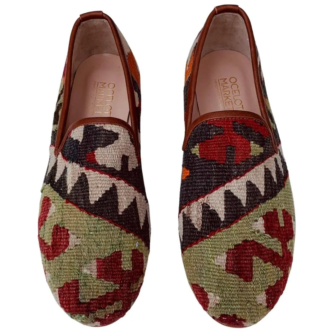 Men's Turkish Kilim Loafers | Light Green with Red