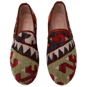 Men's Turkish Kilim Loafers | Light Green with Red