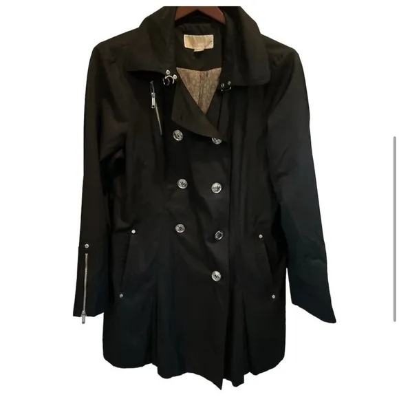 Michael Kors Women's Black Trench Coat Size L Mid-Length Button Closure