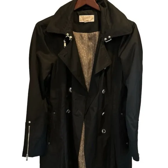 Michael Kors Women's Black Trench Coat Size L Mid-Length Button Closure